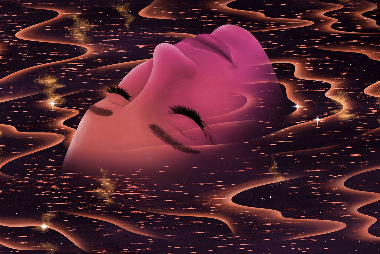 An illustration of a woman looking up calmly from a sea of peaceful, ethereal ripples.