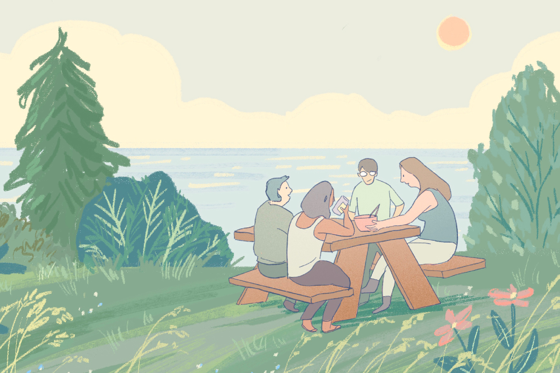 An illustration of four people sitting at a campground table sharing food, with nature in the background