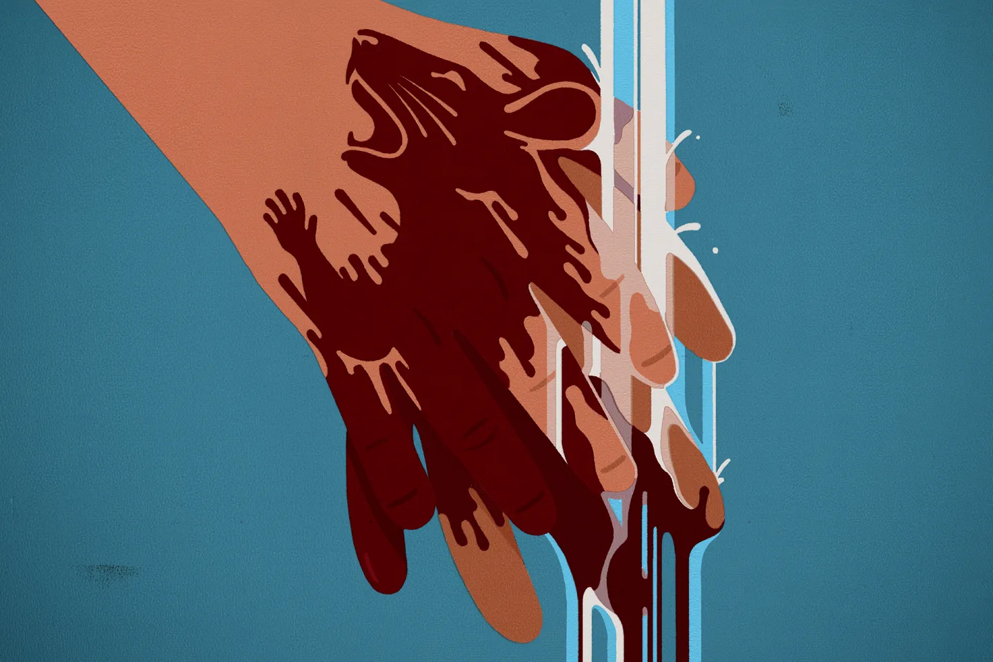 An illustration of hands cleaning themselves of blood
